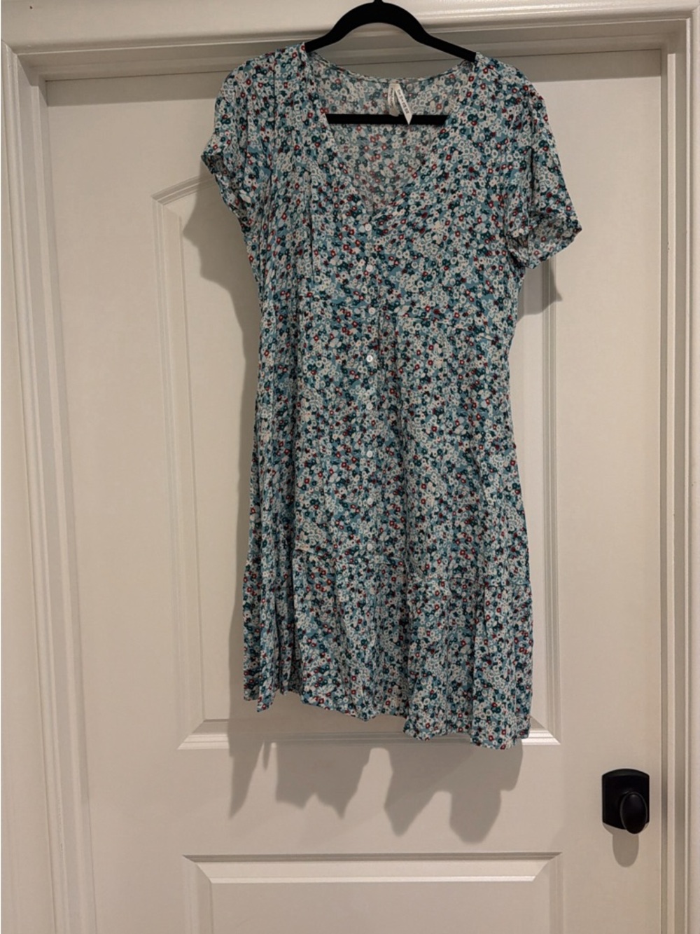 Seraphine Light Blue Floral Maternity Dress with Red and Navy Accents